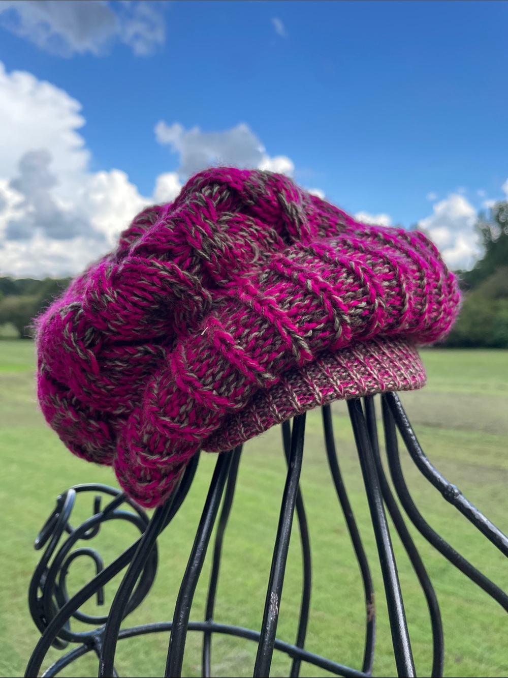 David and Young Two-Tone Cable Knit Cap in Fuchsia and Brown